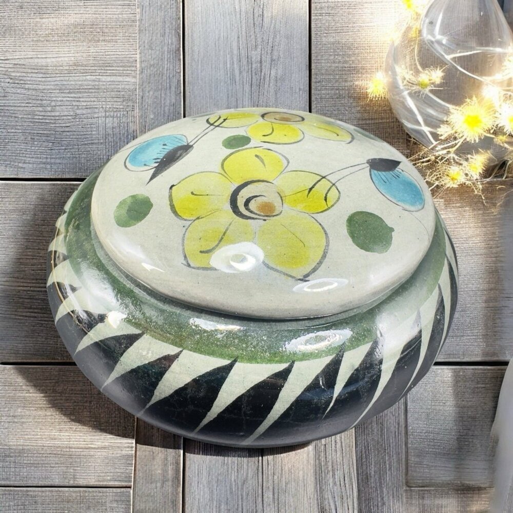 Mexican Pottery Round Powder Dish Trinket Holder Jewelry Holder Green Painted